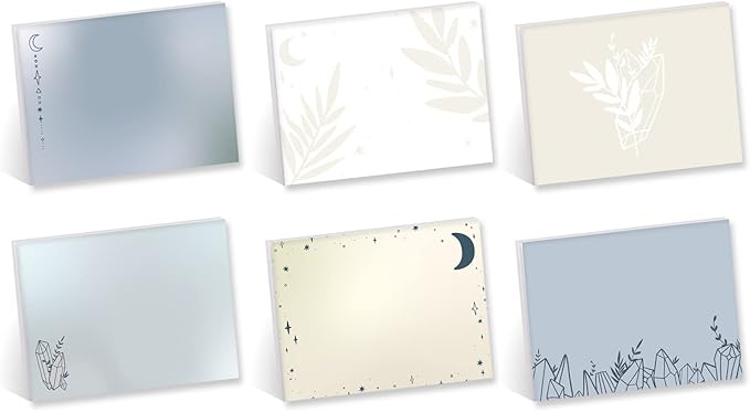 Boho Crystal Magic Sticky Note Assortment / 4" x 3" Blue Tan Repositionable Sticky Notes/Set of 6 Feminine Sun and Moon Pads/Made in The USA
