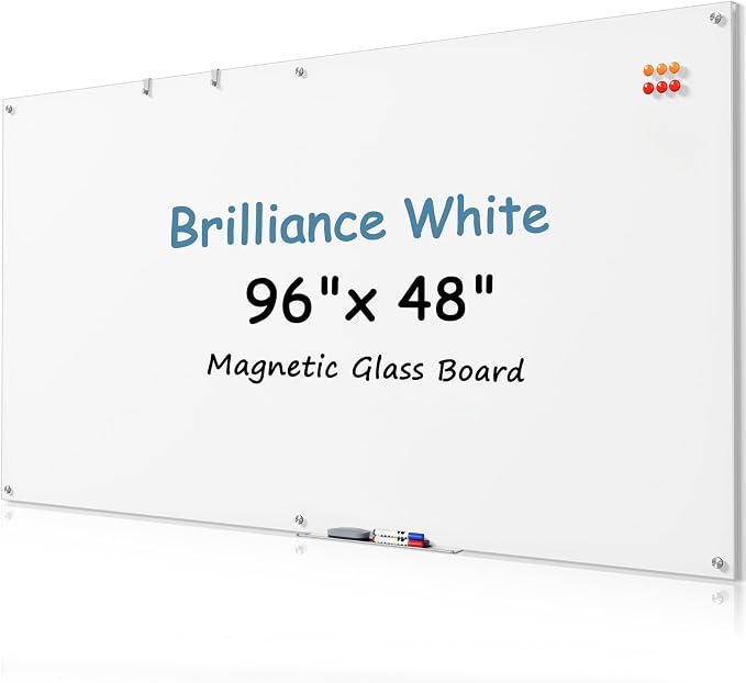 MaxGear Tempered Glass Whiteboard Dry Erase Board 72x48 Inch Ultra White | Magnetic Steel,Frameless Design,Smooth Writing,Ghost Free,Wall Mounted,Accessory Kits,Office Classroom Conference Room Use