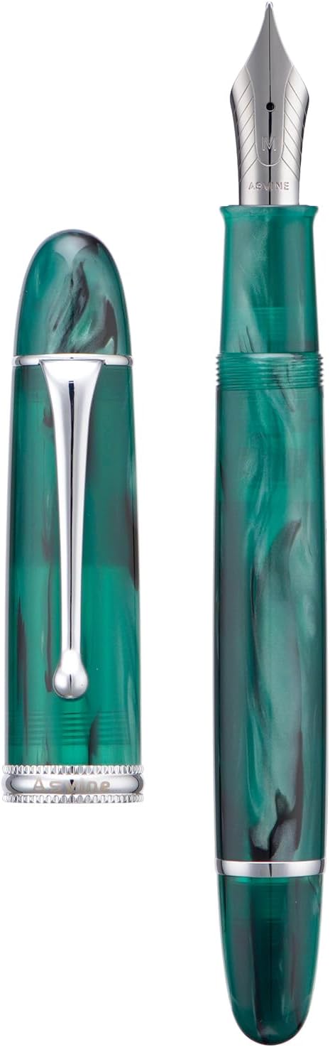 Asvine V800 Fountain Pen -Vacuum Filling System with Large Ink Capacity-Number 8 Stub Nib 1.1mm Calligraphy Art Drawing with Wrench - Green Acrylic