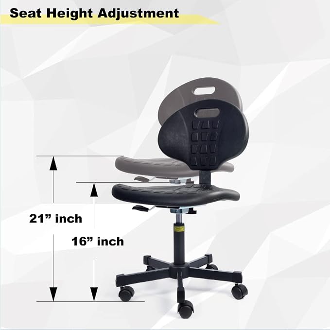 Ergonomic Polyurethane Chair with Heavy Duty Steel Base, 16"-21" Height Adjustment, Firm Task Chair for Automotive, Lab, Cleanroom, Home