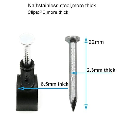 HS 7mm Ethernet Cat6 Cable Clips Clamps RG6 with Steel Nail (200 Pack) Wire Clips Black for Wall,Cord Management