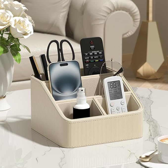 Buqoo Coffee PU Leather Desk Organizer with Gold Accents | 4-Compartment Remote Holder & Stationery Caddy for Office/Nightstand (6.89in×6.69in×3.94in)