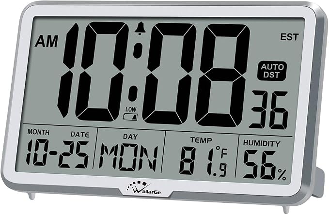 WallarGe Auto Set Digital Wall Clock Battery Operated, Auto DST | Desk Clock with Temperature, Humidity and Date, Large Display Digital Calendar Alarm Clock for Bedroom, Office, Classroom