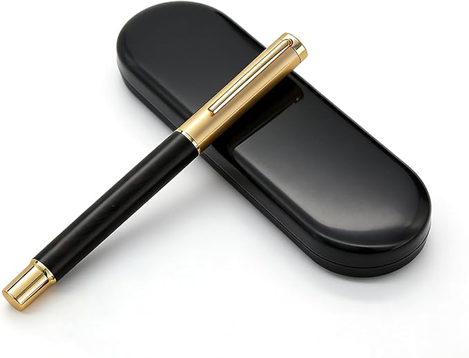 Luxury Rollerball Pen, Natural Black Walnut Wood & Metal Executive Writing Pen, Fine Point Smooth Ink, Professional Business Signature Pen Gift Set with Metal Case for Men Women