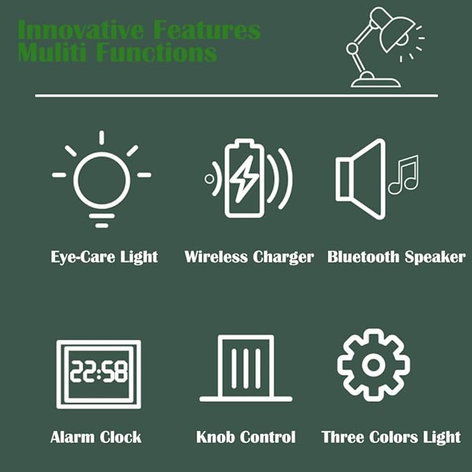 IHAO Smart LED Desk Lamp with Wireless Charger & Bluetooth Speaker, 15W Fast Charging Station for Phone & Earbuds Touch Control 3 Light Modes Alarm Clock Adjustable Eye-CareTable Lamp-HYT1772 White
