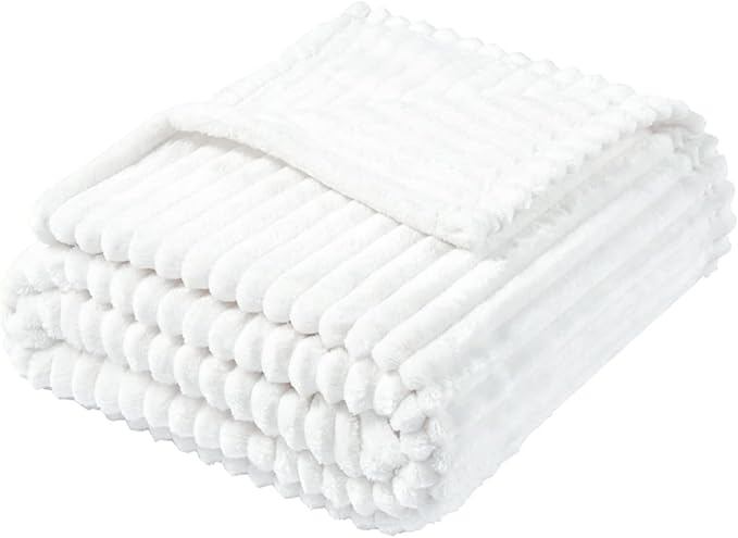 Vessia Flannel Fleece Throw Blanket for Couch,Sofa,Bed, 300GSM Microfiber White Striped Chair Blanket,Super Soft Warm Cozy Lightweight Ribbed Throw for All-Season