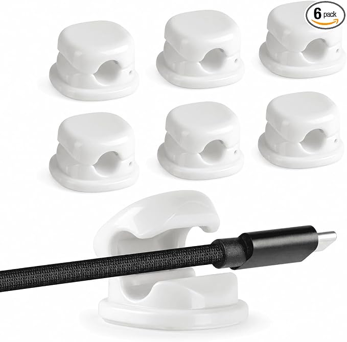 7mm Spring Cable Holder Clips, 6 Pack Desk Cord Organizer, White | Compact cord clips blend into desk edges, bedside tables and car interiors; reduce cord clutter without taking much space