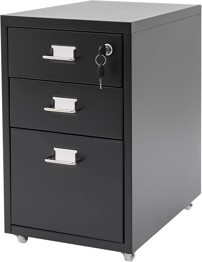 3 Drawer File Cabinet with Lock, Freestanding Filing Metal Drawers Organizer Vertical Metal Rolling Organizer Movable Under Desk Cabinet with Wheels for Home Office Living Room Study (3 Tiers Black)
