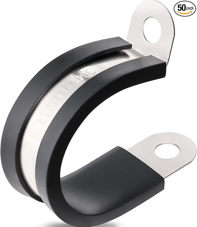 OURU 1 Inch Cable Clamps, Rubber Coated Insulated Clamps, 50pcs, 25mm | 304 Stainless Steel, Anti-Vibration, Rust Resistant, Secure Hold, Automotive Wire, Pipe & Tube Mounting, Cable Management