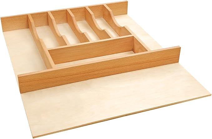 Silverware Drawer Organizer - Trim-to-Fit with Adjustable Dividers for Kitchen Utensil Storage, Beech Wood Frame with 11 Sizes (18.63" W x 22" D)