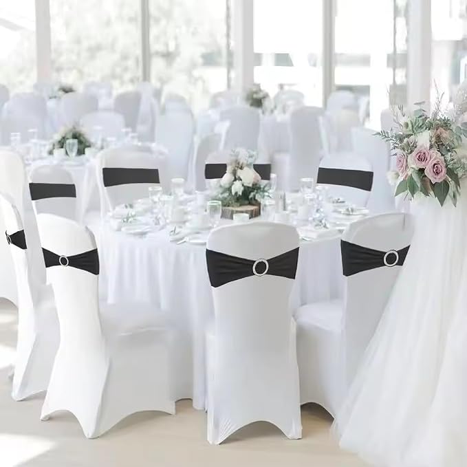 Tvoip 10PCS Chair Cover Stretch Band with Buckle Slider Sashes Bow Wedding Banquet Chair Decoration (Black)