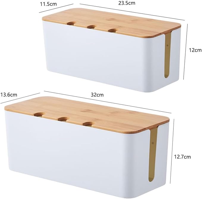 Cable Management Box with Bamboo Lid, Cord Organizer Box to Hide Wires & Power Strips, Extension Cord Power Stripe Surge Protector Wire Concealer Organizer Cover Hider (white-2pcs)