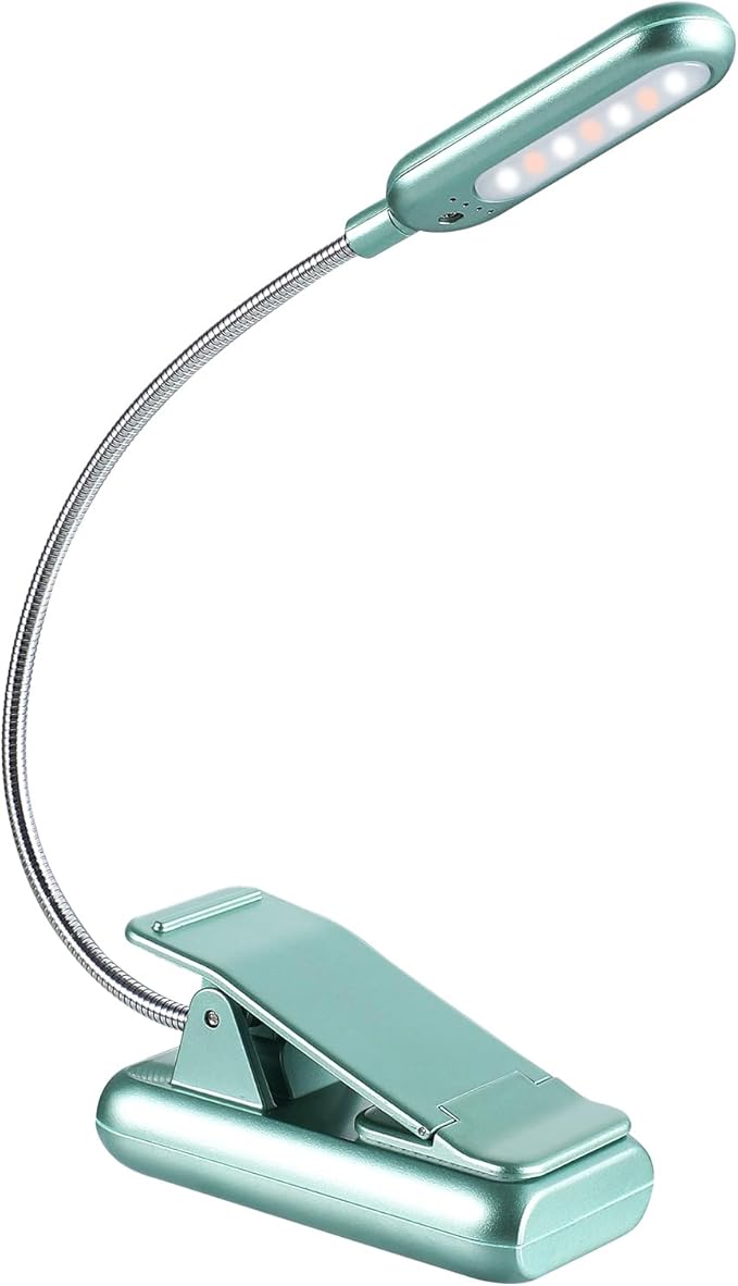 VAVOFO Rechargeable Book Light for Reading in Bed Kids, 7 LED Reading Light with 9-Level Warm Cool White Daylight, Eye Care Lamp with Power Indicator for Bookworms (Silver Green)