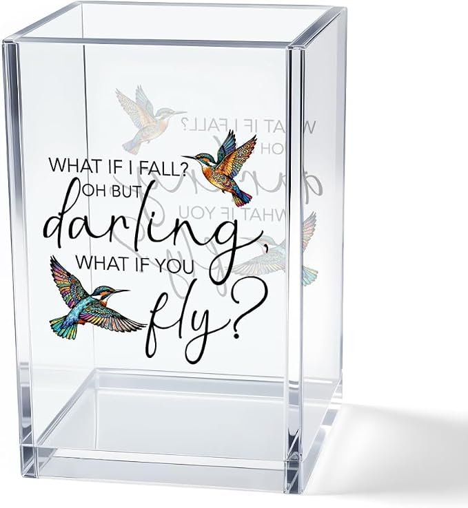 What If I Fall What If You Fly Acrylic Cosmetic Pencil Pen Holder Cup, Hummingbird Lover Gifts Desk Organizer Accessory for Office Decor, Inspirational Gifts for Women Girl Coworker Boss Friend