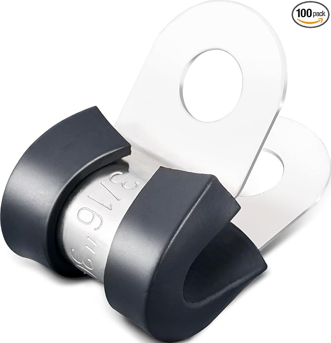 OURU 3/16 Inch Cable Clamps, Rubber Coated Insulated Clamps, 100pcs, 5mm | 304 Stainless Steel, Anti-Vibration, Rust Resistant, Secure Hold, Automotive Wire, Pipe & Tube Mounting, Cable Management