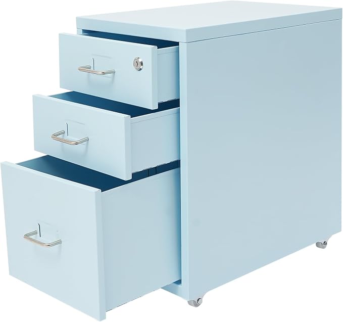 3 Drawer File Cabinet with Lock, Freestanding Filing Metal Drawers Organizer Vertical Metal Rolling Organizer Movable Under Desk Cabinet with Wheels for Home Office Living Room Study (3 Tiers Blue)