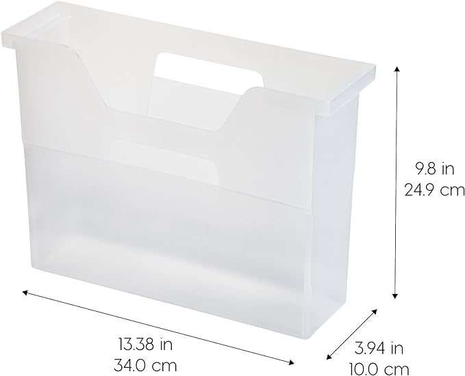 IRIS USA Small Portable Desktop File Box with Open Top, Side Handles, Hanging File Folders, Tabs & Inserts, Letter Size, For Magazines Newspapers Mail Books Notebooks Binder Homework, Clear