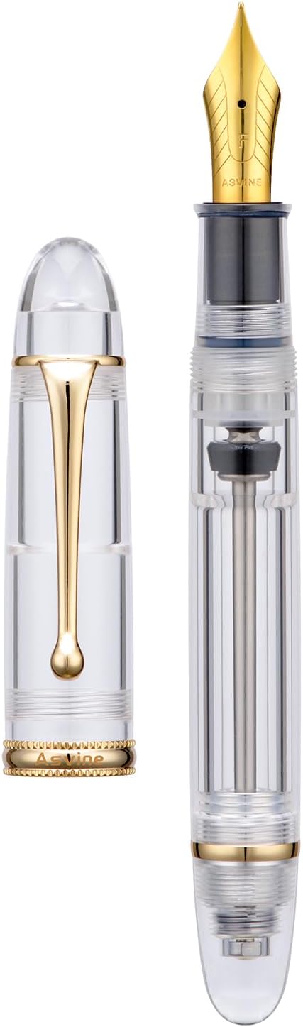 Asvine V800 Fountain Pen - Vacuum Filling System with Large Ink Capacity - Smooth Number 8 Medium Nib with Gift Case and Wrench - Clear Gold Acrylic