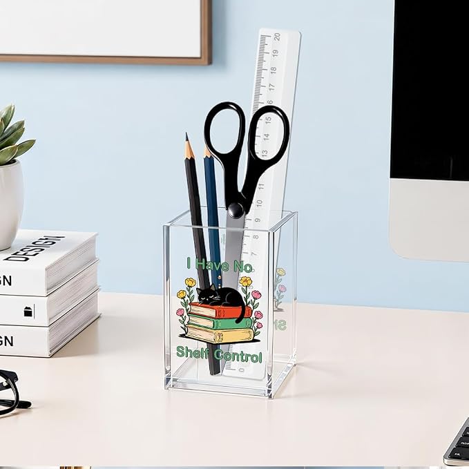 I Have No Shelf Control Acrylic Cosmetic Pencil Pen Holder, Funny Black Cat Book Pencil Holder, Cute Office Desk Accessories for Book Lover, Bookworm Gifts for Librarian Reading Teacher Friend