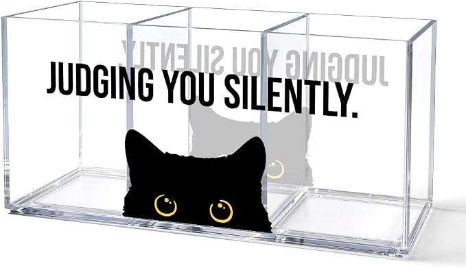 Judging You Silently Acrylic Pen Holder Organizer with 3 Compartments, Black Cat Desk Accessories for Work, Sarcastic Office Gifts for Cat Lover Coworker Manager, Employee Appreciation Gifts