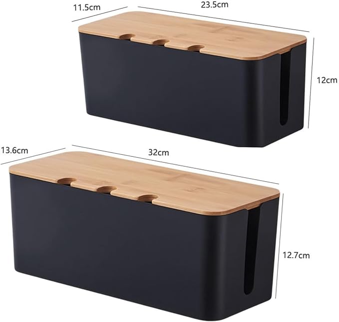 Cable Management Box with Bamboo Lid, Cord Organizer Box to Hide Wires & Power Strips, Extension Cord Power Stripe Surge Protector Wire Concealer Organizer Cover Hider (black-2pcs)