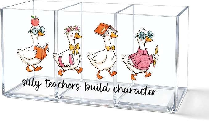 Silly Teachers Build Character Acrylic Pen Holder for Desk, Cute Goose Theme Desk Organizer for Office Home, First Day of School Gifts, Funny Back to School Appreciation Gifts for Women Teachers