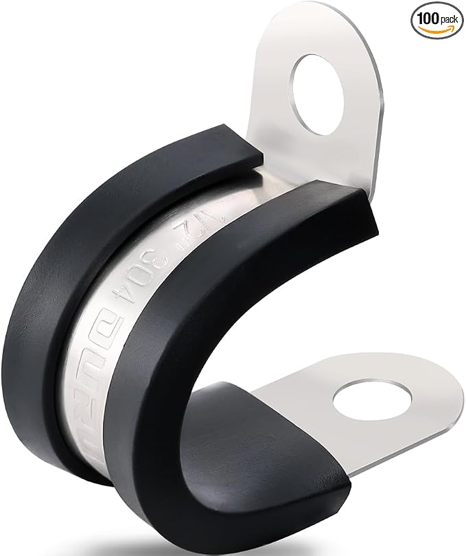 OURU 1/2 Inch Cable Clamps, Rubber Coated Insulated Clamps, 100pcs, 13mm | 304 Stainless Steel, Anti-Vibration, Rust Resistant, Secure Hold, Automotive Wire, Pipe & Tube Mounting, Cable Management
