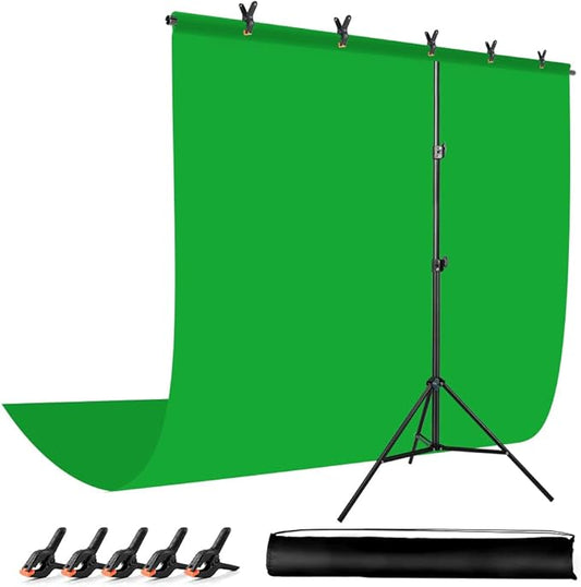 Green Screen Backdrop with Stand for Streaming, 6.5X 10ft (WxH) Protable Green Screen with 6.3 x 6.5 ft Stand kit, Greenscreen Background with Stand Carrying Bag 5 Spring Clamps