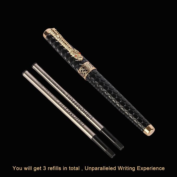 Stunning Luxury Rollerball Pen with 24K Gold Trim,Switzerland Tip with Black Ink Refills, Perfect Roller Ponit Pen Gift Set for Men Women, Fancy Writing Set for Business,Black