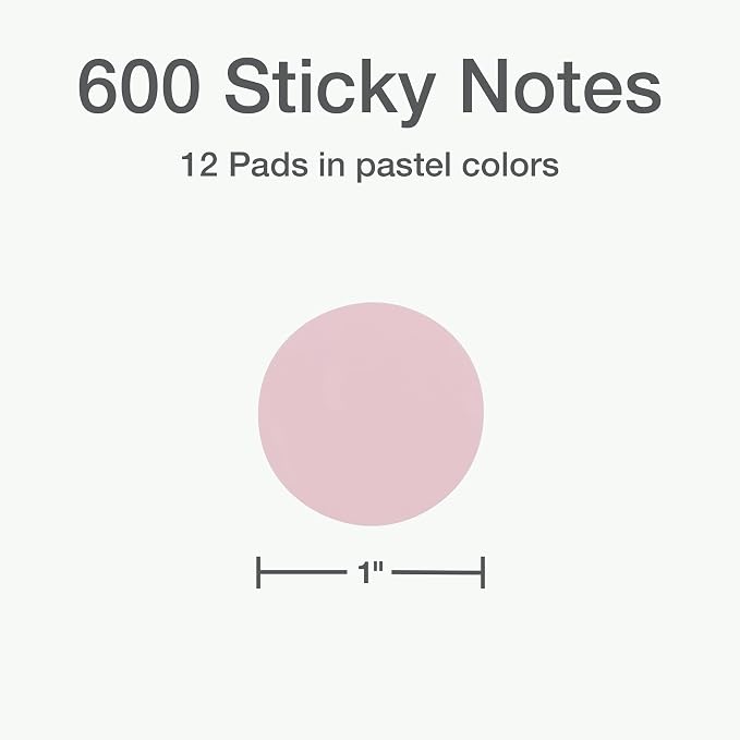 Redi-Tag Transparent Sticky Notes, 12 Pads Per Pack, Circle Sticky Notes, Round Adhesive Notes, Small Sticky Tabs for Organizing, 1 inch Diameter, 12 Pastel Colors (1016719)