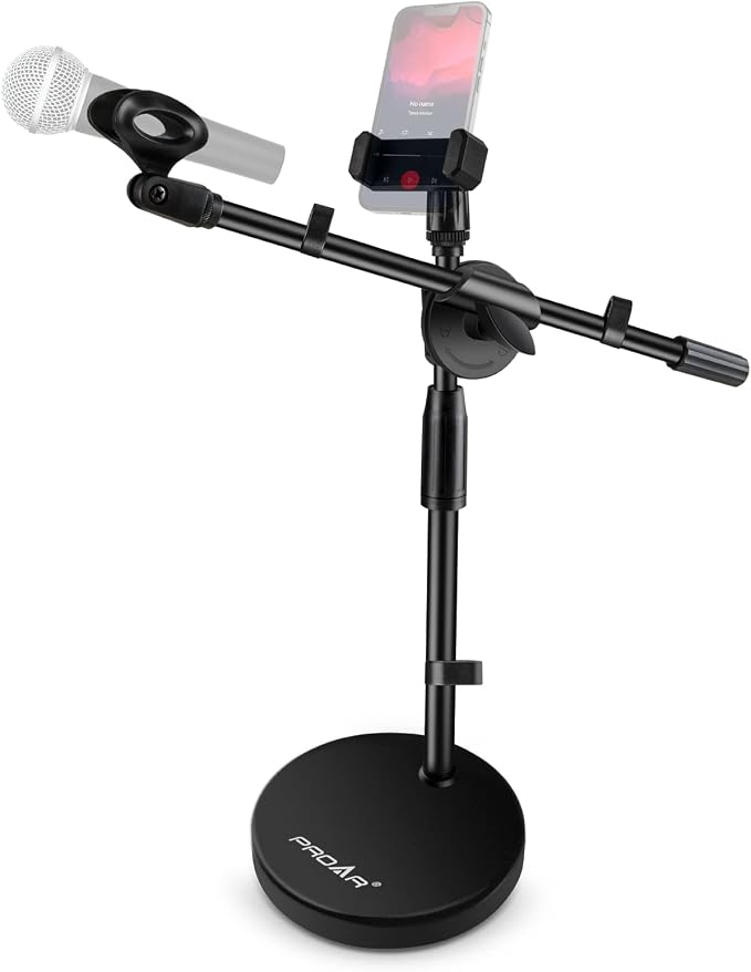 Microphone Stand Desk Adjustable Desktop Microphone Stand with Boom Arm Upgraded 3 in 1 Table Phone/Mic Stand with Microphone Clip,Cell Phone Clip,3/8" to 5/8" Adapter for Universail Mic