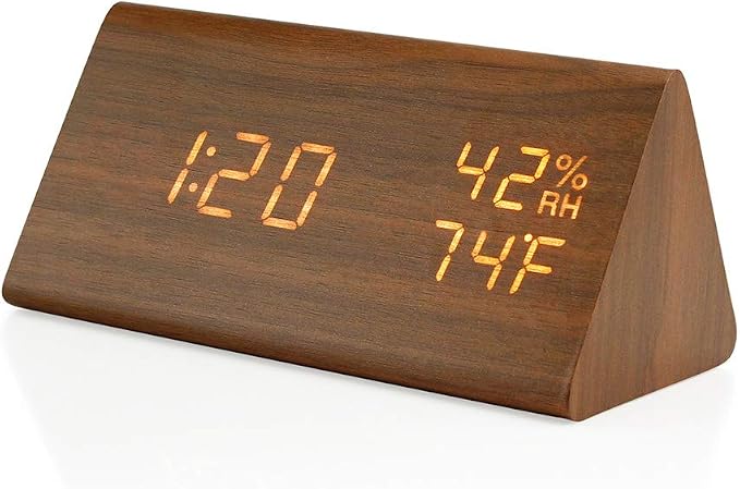 OCT17 Wooden Alarm Clock, Smart LED Digital Clock for Bedroom/desks, Upgraded with Time Temperature, Adjustable Brightness and Voice Control, Humidity Displaying - Brown