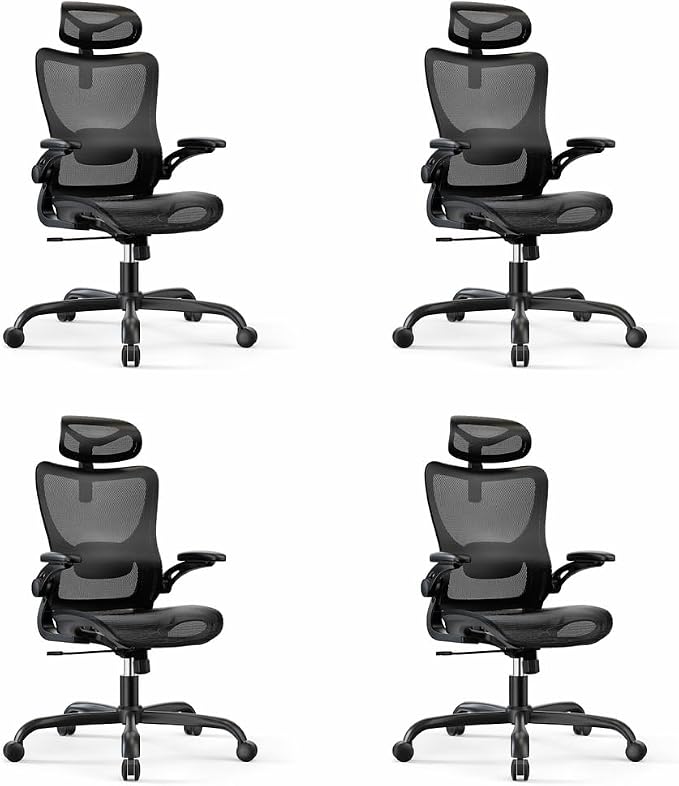 Marsail Ergonomic Mesh Office Chair with Adjustable Lumbar Support, 4 | 3D flip-up armrests, 2D headrest, breathable mesh back, reclining function, smooth-rolling casters, height adjustment