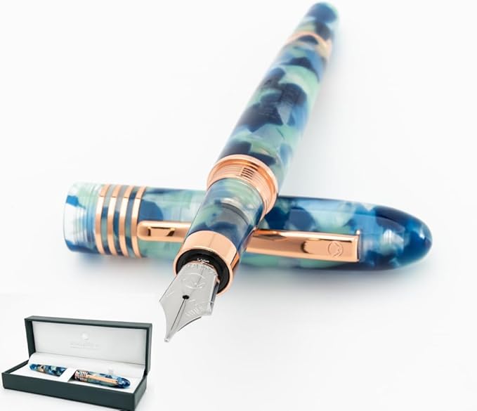 Monteverde USA Blue Mountain Fountain Pen, Stub JoWo Nib, Blue Acrylic Resin, Polished Chrome Trim, Luxury Gift Box Included