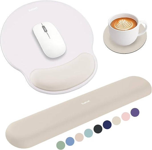 Sushret Mouse Pad and Keyboard Wrist Rest, 3-in-1 Gel Memory Foam Ergonomic Mouse Pad with Wrist Rest Set, Gaming Mousepad Arm Cushion Support for Computer Office Desk Accessories Cute Setup,Khaki