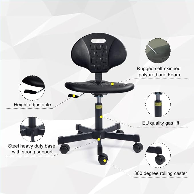 Ergonomic Polyurethane Chair with Heavy Duty Steel Base, 16"-21" Height Adjustment, Firm Task Chair for Automotive, Lab, Cleanroom, Home