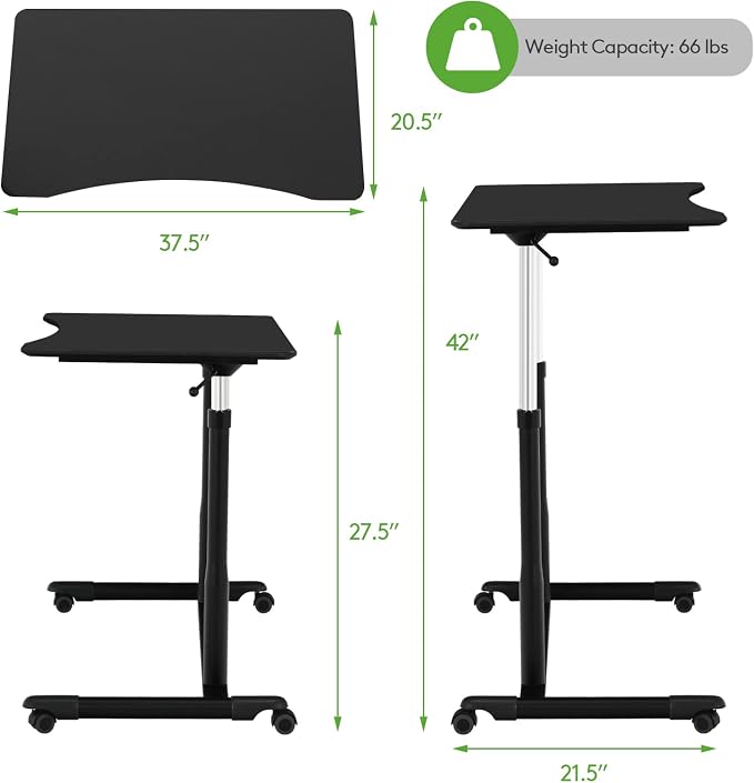 COSTWAY Mobile Height Adjustable Standing Desk, Compact Pneumatic Sit to Stand Computer Desk w/Lockable Casters, Ergonomic Rolling Laptop Table w/Steel Frame for Home Office (Black)