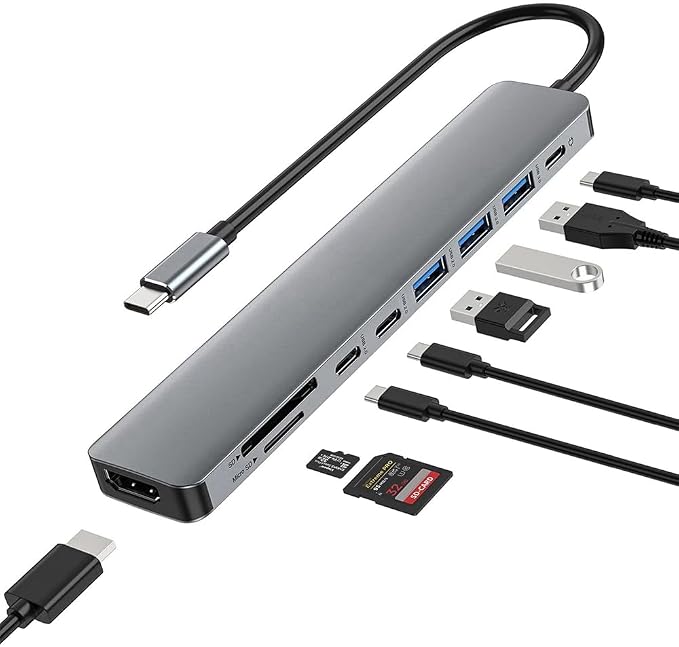 9 in 1 USB C Hub, Multiport USB C Adapter with 4K HDMI, 100W PD Charging, USB 3.0 Port, SD/TF Card Reader, USB C Docking Station Compatible with MacBook, Laptop, Tablet and More