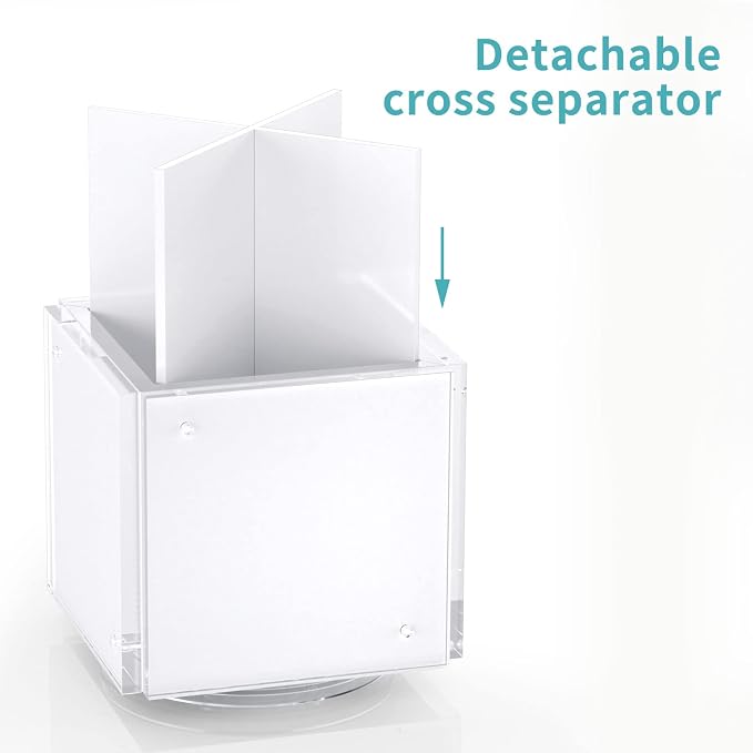 HIIMIEI Acrylic Picture Frames for Desk, 4-side Magnetic Photo Cube Pen Holder 4"x 4", 360° Rotating Desktop Organizer for Pencil, Makeup Brushes, Home, Office (White)