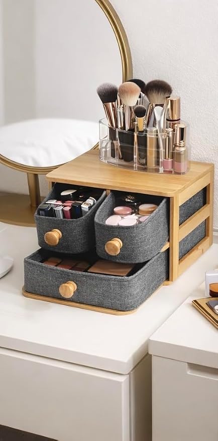 Bamboo Desk Organizer with 3 Drawers - Fabric Storage Box for Makeup, Jewelry, Office Supplies - Eco Friendly Wooden Organizer for Home & Office