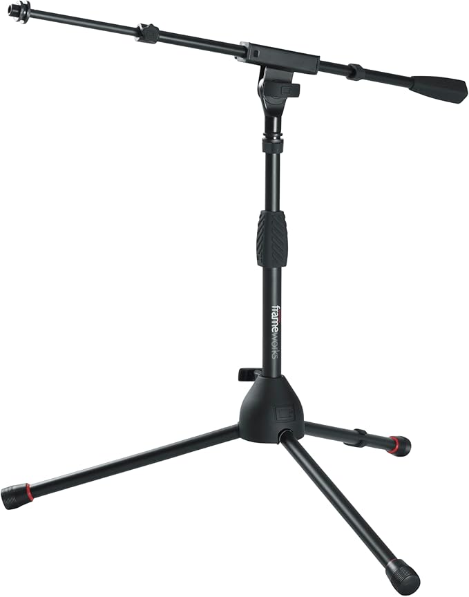 Gator Frameworks Short Tripod Base Microphone Stand with Soft Grip Twist Clutch, Boom Arm, and Both 3/8" and 5/8" Adapters (GFW-MIC-2621)