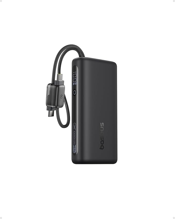 Baseus Mini Power Bank Fast Charging 67W, 10000mAh Small Portable Phone Charger Built-in Dual USB C Braided Cable, Travel Essential Battery Pack for iPhone 17/16/15, iPad, Samsung Galaxy S25/S24 etc.