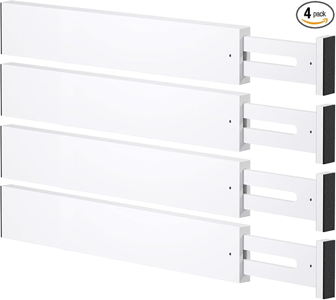 Bamboo Drawer Dividers, Adjustable Drawer Organizers, Fits 17.6–21" Drawers | 2.5" High, 4 Pack Expandable Drawer Separators for Kitchen, Nursery, Dressers & Office Storage, White