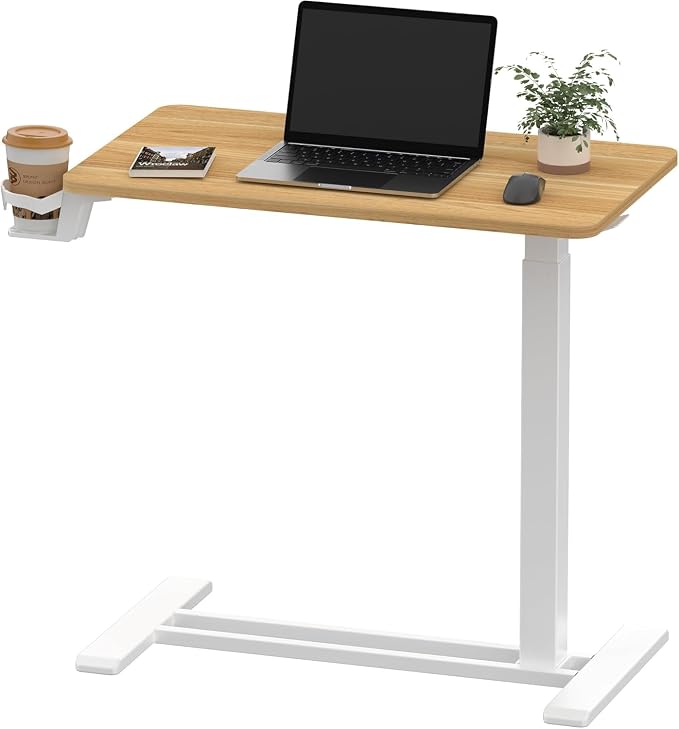 SANODESK 28''Mobile Standing Desk with Hidden Wheels,Pneumatic Laptop Desk | Sofa Computer Cart Movable Height Adjustable Table Small Sit Stand Desk for Home Office Hospital Use,27.6" W x 15.7" D,Maple