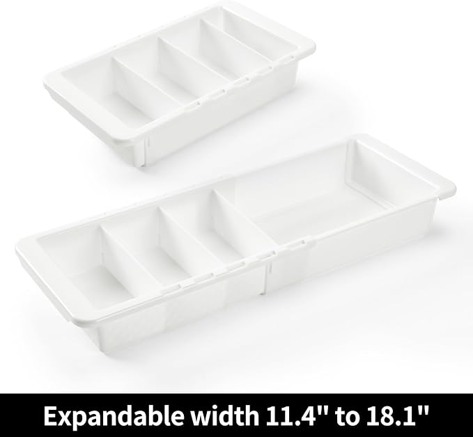 Deep 2.3" Expandable Drawer Organizer 11-18" White Plastic Tray | Expandable 11-18" Deep 2.3" PET Drawer Organizer|White Tray|Office Kitchen Bathroom|Dual-Slot Design|Durable BPA-Free