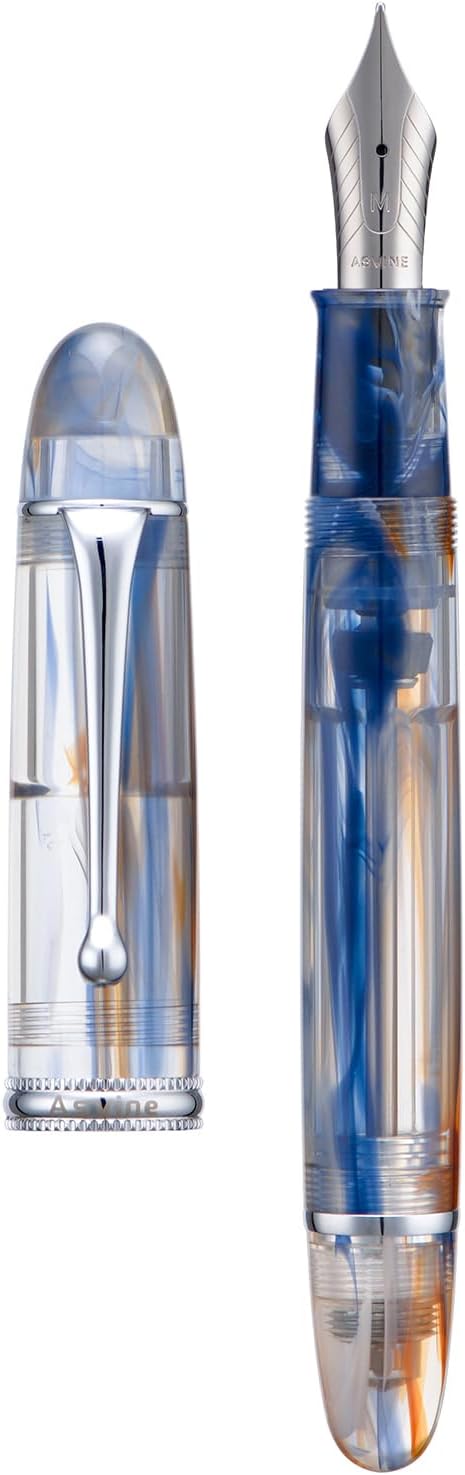 Asvine V800 Fountain Pen -Vacuum Filling System with Large Ink Capacity - Number 8 Stub Nib 1.1mm Calligraphy Art Drawing with Wrench Gift Set - Blue Brown