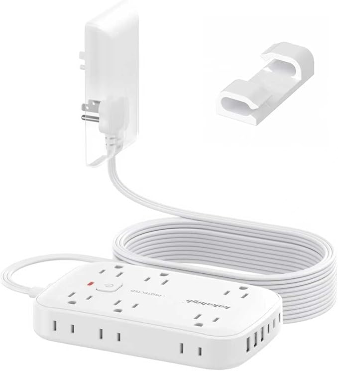 25FT Extension Cord with Outlet Cover & Multi USB, Ultra Thin Plug Concealer with Cord & 12AC Outlet 6 USB (24W/4.8A), Charging Station for Multiple Devices, for Behind Wall Furniture Couch TV