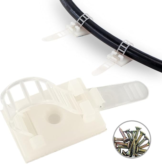 HS Wire Management Clips Clear with Screw Hole (50 Pack) Adjustable Cable Straps 3 Inch with 3M Adhesive Tape,Cable Fasteners for Christmas Lights,Desk,Wall to Hold Extension Cord