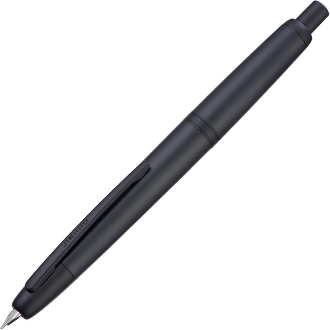 Jinhao 20 Press Fountain Pen, Matte Black Retractable Medium Nib with Ink Converter Set (Black Clip)