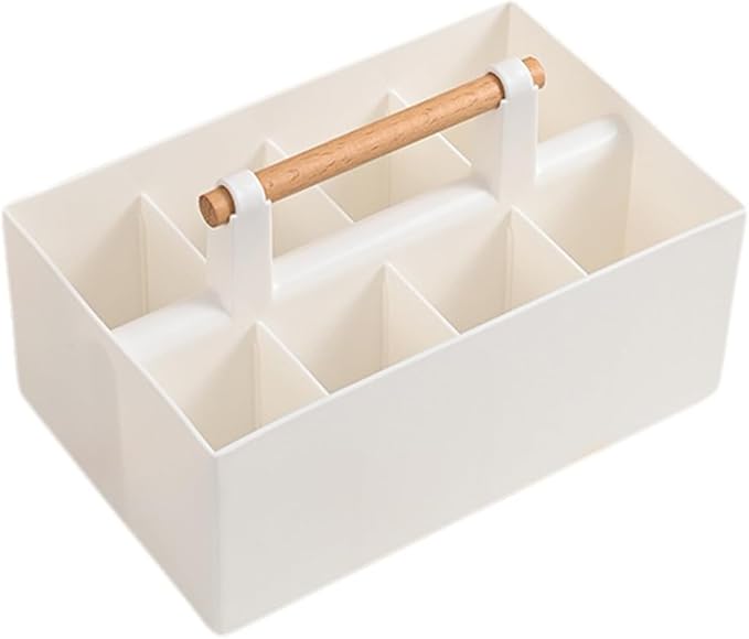 Buqoo Desk Organizer with 8 Compartments for Office Supplies | Plastic Makeup Organizer with Wooden Handle, Pen Holder for Desktop Storage, Desk Organization for Office Supplies (White)